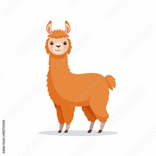 Adorable orange cartoon llama standing on a white background in bright lighting