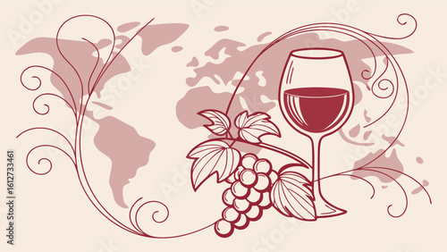International Grenache Day Vector Art – Elegant Wine Glass with Ruby Grenache & Global Vineyard Map – Sophisticated Wine Celebration