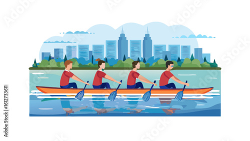 Rowing team cityscape river race dragon boat paddling competition teamwork sport activity recreation exercise, 96