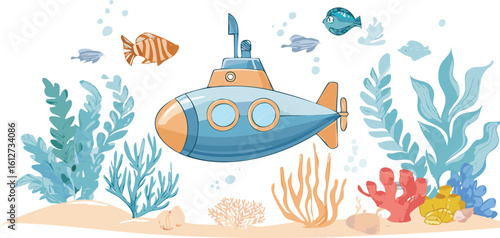 Watercolor seabed landscape with cartoon sea characters, submarine, seaweeds, plants, coral reef, sea sponges and small fishes.border, dolphin, panoramic, print, underwater, wildlife, coral reef, 