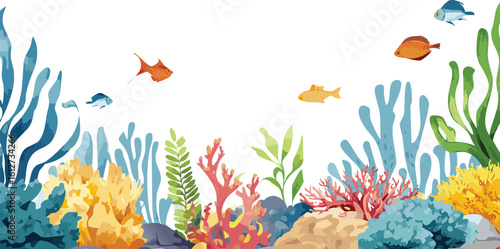 Watercolor seabed landscape with delicate seaweeds, plants, coral reef, sea sponges and small fishes. Panoramic hand drawn marine border for your design wallpaper, background, horizontal, illustration