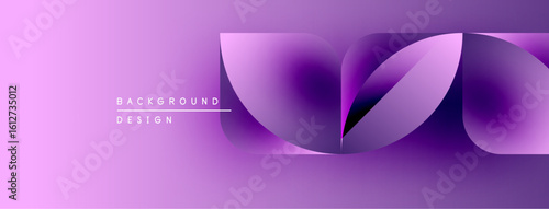 Abstract purple design features layered shapes, gradients. Modern background with text elements, smooth curves, vibrant colors.