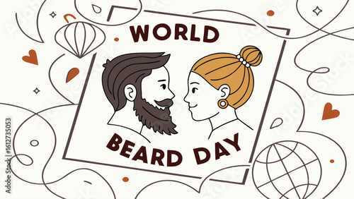 Diverse Vector Collage of Bearded Faces with Festive Globe for World Beard Day Celebration

