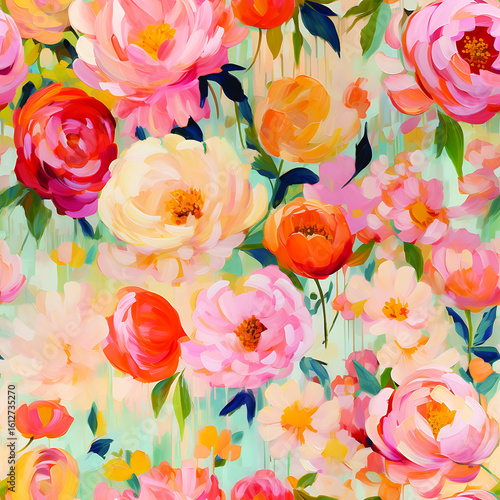 floral artwork with loose, impressionistic brushstrokes in blush, coral, butter yellow, and cream blooms against soft teal and mint accents. Perfect for fabric prints, wallpaper, stationery, packaging