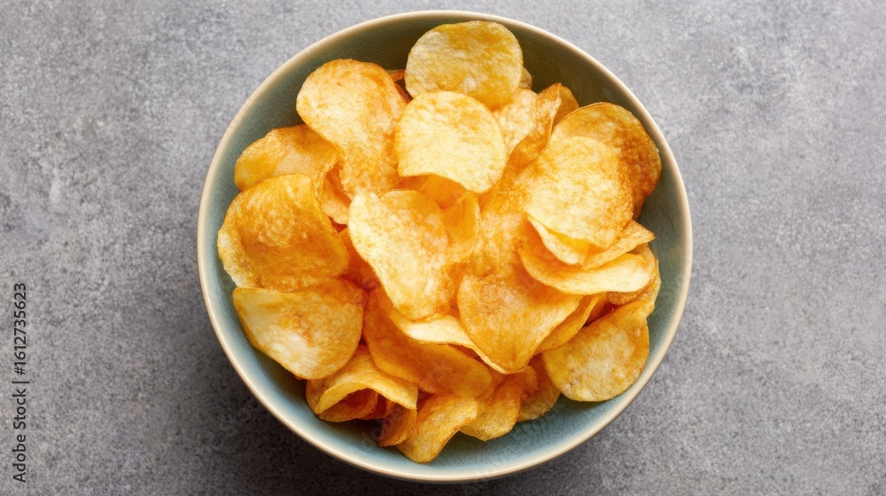 A bowl holds a generous serving of golden, crispy potato chips, ideal for sharing among friends or family during casual gatherings or relaxing movie nights. A bowl holds a generous serving of golden, crispy potato chips, ideal for sharing among friends or family during casual gatherings or relaxing movie nights.
