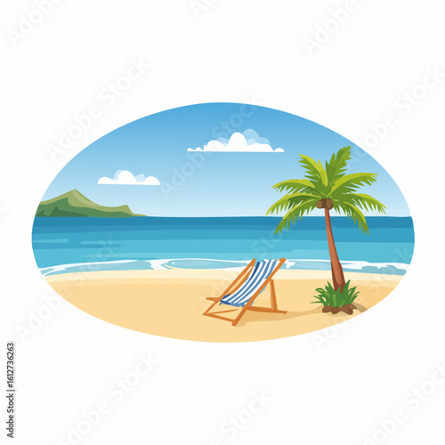 Tranquil beach scene showcasing a deck chair, palm tree, ocean and a distant island