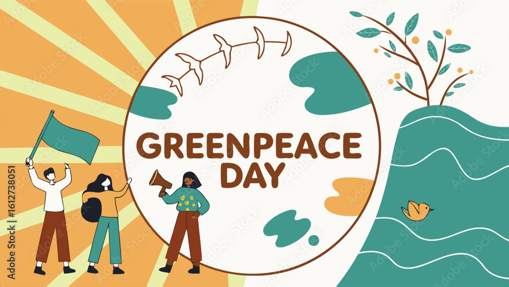 Fototapeta premium Inspiring Vector Illustration for Greenpeace Day – Protective Hand Embracing Earth with Nature Symbols