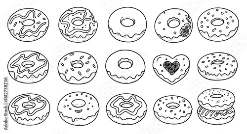 Donut Outline Collection: Sweet Treats Vector Illustration