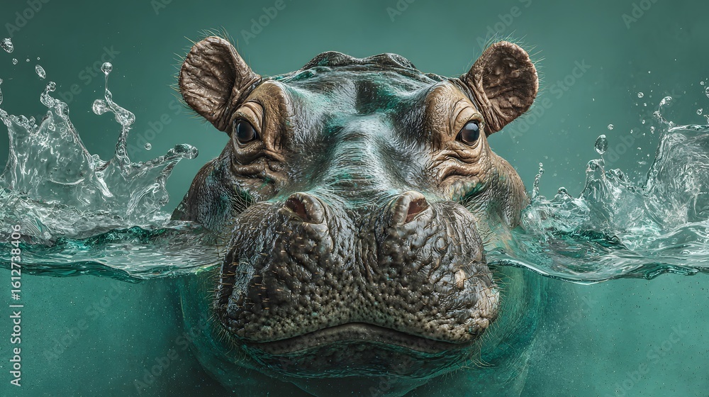 Obraz premium Close-up of a hippopotamus emerging from water.