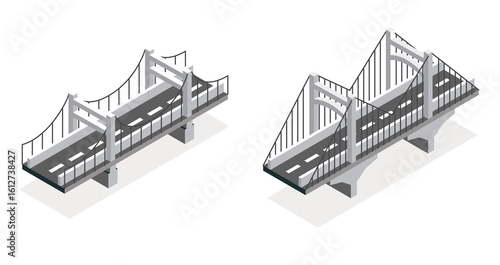 Isometric bridge. Road icon. Urban infrastructure. Suspension bridge.
