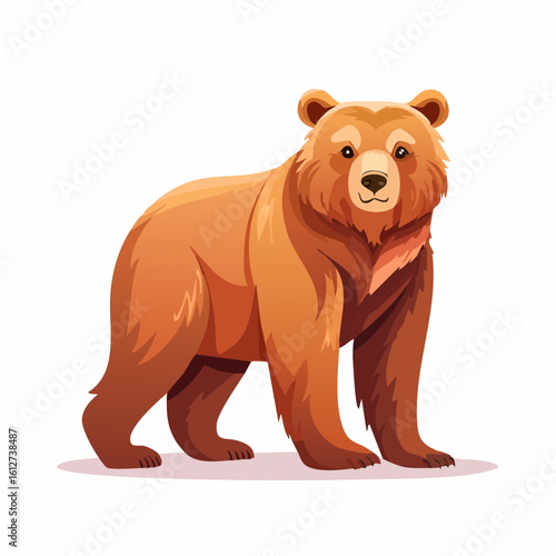 A charming cartoon brown bear, standing calmly and confidently on a white background