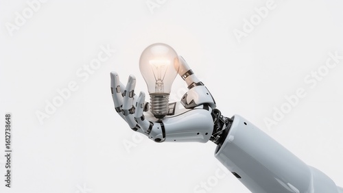 Futuristic robotic hand holding a glowing light bulb symbolizing innovation and artificial intelligence, captured in a high-quality studio shot on a clean white background.
