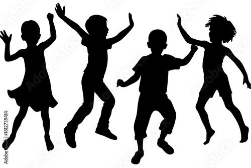 Joyful children dancing and jumping in silhouette