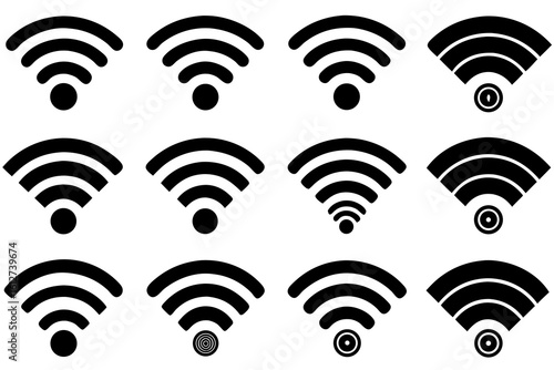 Collection of twelve wi fi signal icons in silhouette