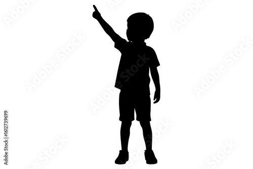 Young boy pointing upwards in a silhouette against a white background