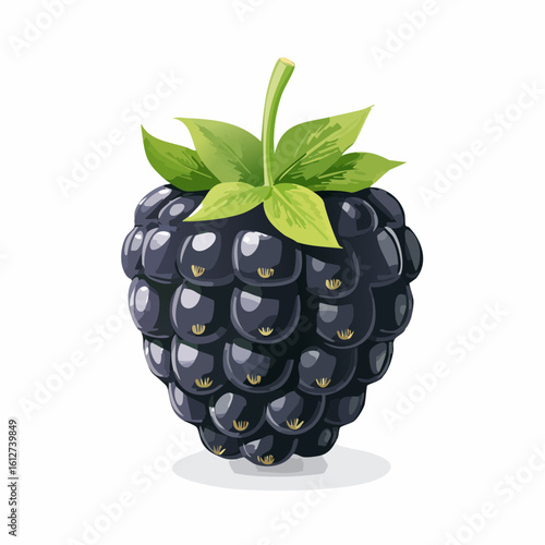 Illustrative Close-up of a Ripe and Juicy Blackberry with Green Leaves Detail