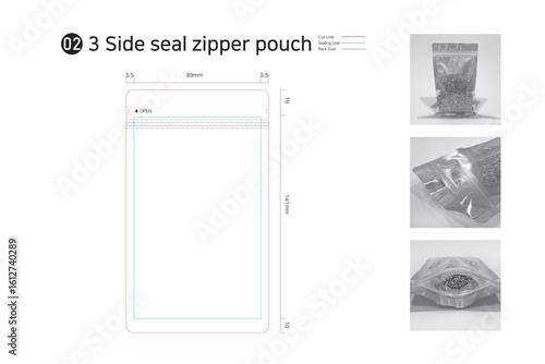 P3_2. 3-sided Sealing Zipper Pouch. Pouch packaging made by heat bonding three sides of the wrapper. Used in food, household goods, and pharmaceutical packaging.