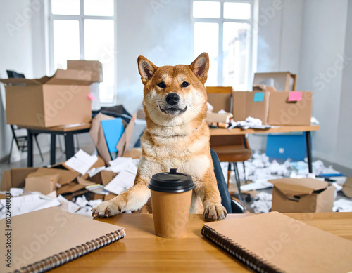 Funny Calm Dog in Chaotic Messy Room Denial in Chaos Meme Concept Humorous Stock Photo