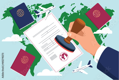 A hand stamping a document with passports and airplanes floating above a world map background design