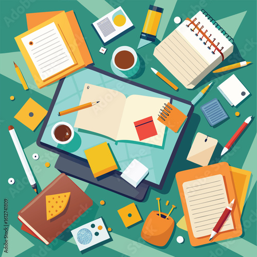 Desk with Notebook, Coffee and Stationery