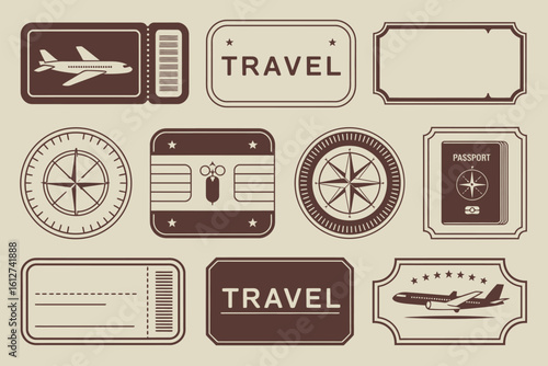 Collection of vintage travel icons featuring airplanes compasses and passport in a retro aesthetic style