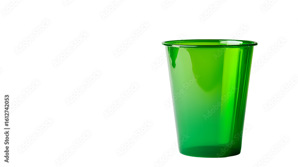 A single green plastic cup stands isolated on transparent background A single green plastic cup stands isolated on transparent background