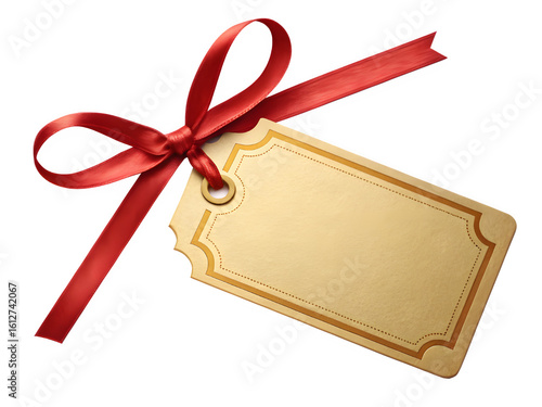 Blank gift tag tied with a red ribbon on a black background