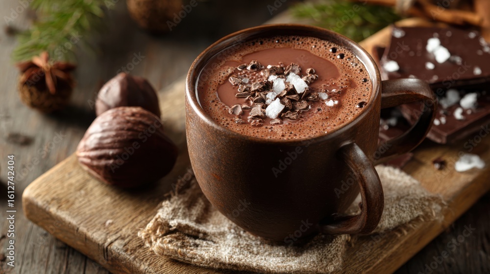 Fototapeta premium A ceramic mug filled with creamy hot chocolate is topped with chocolate shavings and a sprinkle of salt. The cozy setting features nuts and chocolate pieces on a wooden surface.