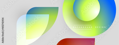 Abstract shapes overlap, creating vibrant gradients. Light background complements colorful design elements. Modern aesthetic.
