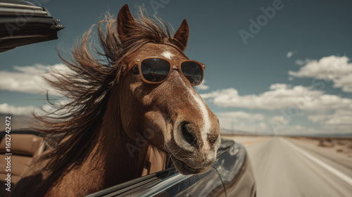 Cool horse wearing sunglasses enjoying fast ride on highway perfect for humor memes road trip themes animal fun and adventure blogs