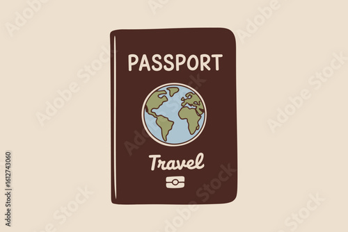 Illustration of a brown passport with a globe and the word travel on a light beige background color