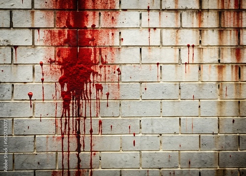 Grim and disturbing blood splatters dripping down a weathered textured brick wall creating a chilling and unsettling visual