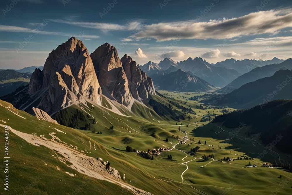 Fototapeta premium Dramatic mountain peaks bathed in golden hour sunlight