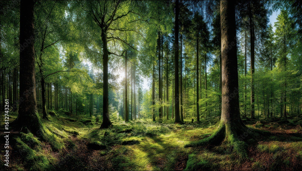 Naklejka premium Lush forest floor bathed in sunlight