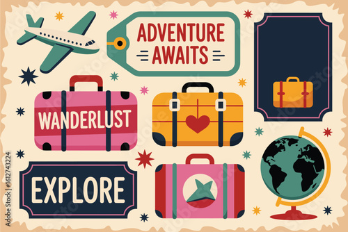 A travel themed illustration featuring suitcases, a globe, airplane and adventure awaits message