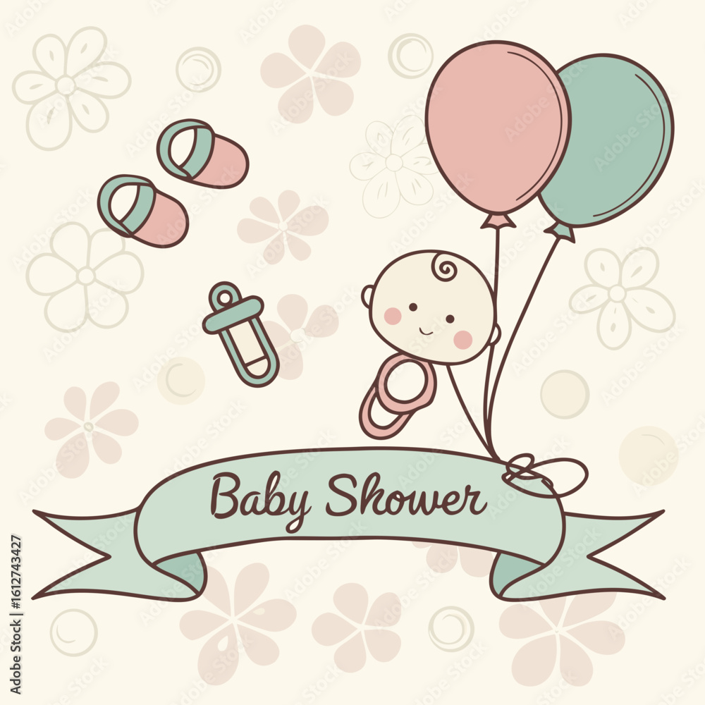 Fototapeta premium Adorable card design featuring pacifiers, bibs, strollers, and baby bottles in soft pastel shades.