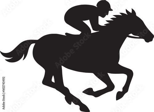 Dynamic Black Silhouette of a Horse and Jockey Galloping at Full Speed with Grace and Determination in Harmony
