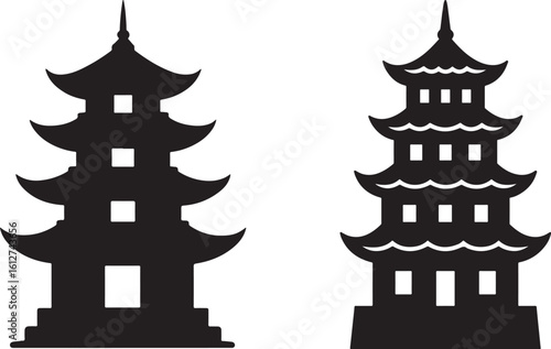 Two Pagodas silhouette art symbolizing Asian architecture and culture representing spiritual monuments and traditional landmarks