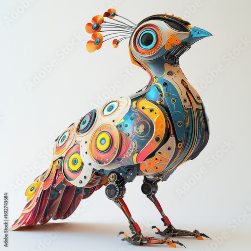 Colorful peacock robot, a robotic bird isolated against a white background, blending technology with whimsical design elements, Generative AI