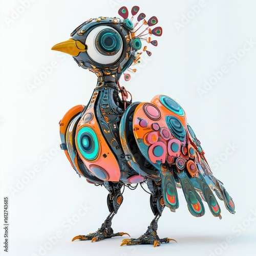 Colorful peacock robot, a robotic bird isolated against a white background, blending technology with whimsical design elements, Generative AI