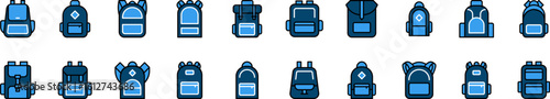 Blue Backpack or Schoolbag Filled Color Icon Collection. Minimalistic Linear Pictogram for Web and Graphic Design, Apps, Banners, Social Network and Cards
