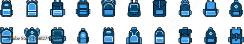 Blue Backpack or Schoolbag Filled Color Icon Pack. Minimalistic Linear Pictogram for Web and Graphic Design, Apps, Banners, Social Network and Cards