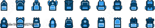 Set of Filled Color Icons of Blue Backpack or Schoolbag. Minimalistic Linear Pictogram for Web and Graphic Design, Apps, Banners, Social Network and Cards