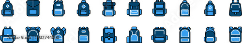Blue Backpack or Schoolbag Filled Color Outline Web Icons Collection. Minimalistic Linear Pictogram for Web and Graphic Design, Apps, Banners, Social Network and Cards
