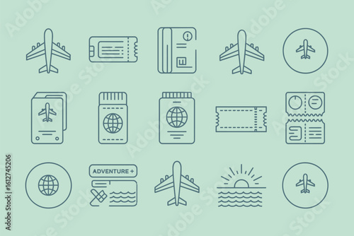 A collection of line art icons depicting travel related items such as planes tickets and passports icons