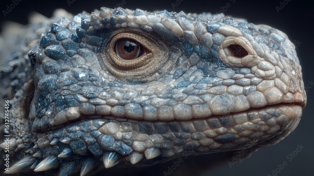 Fototapeta premium Close-up of a Lizard Head with Textured Blue and Gray Scales in Natural Light