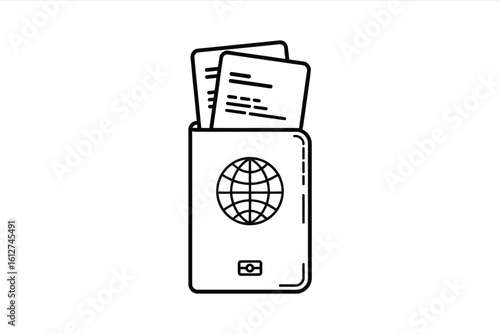 A passport with a globe design and two documents sticking out in a simple black and white line art style