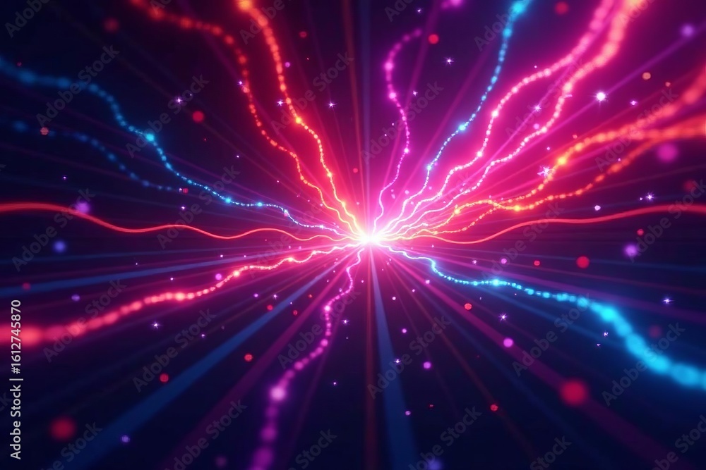 Naklejka premium Bright neon light burst with swirling abstract colors against dark background, energy, dark, dynamic