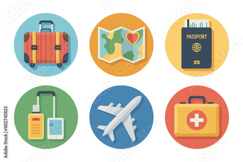 A collection of travel icons including luggage, map, passport, plane, and first aid kit in circles