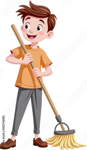 simple vector cartoon illustration of a man cleaning the floor